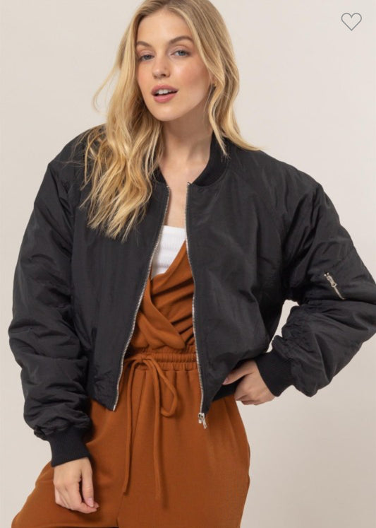Black Ruched Bomber Puffer Jacket
