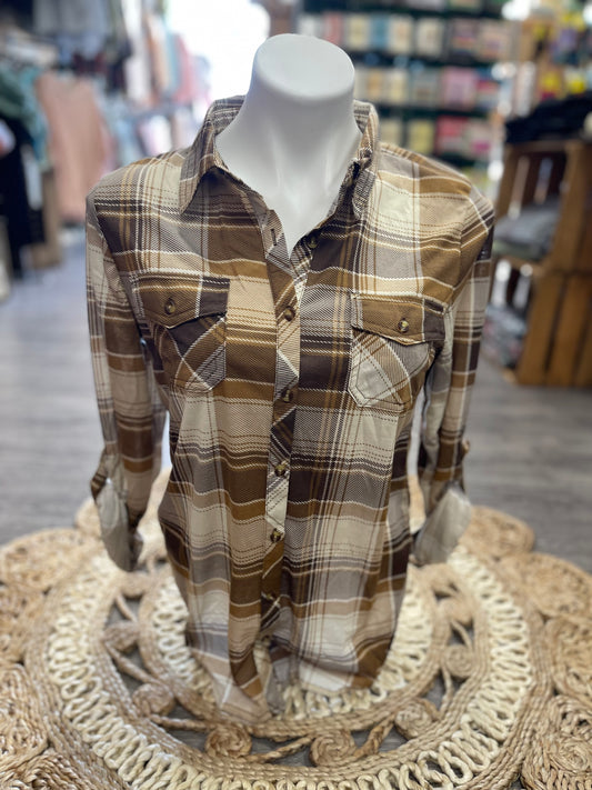Taupe Plaid Lightweight Button Up