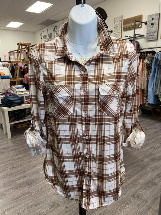 Brown Red Plaid Lightweight Button Up