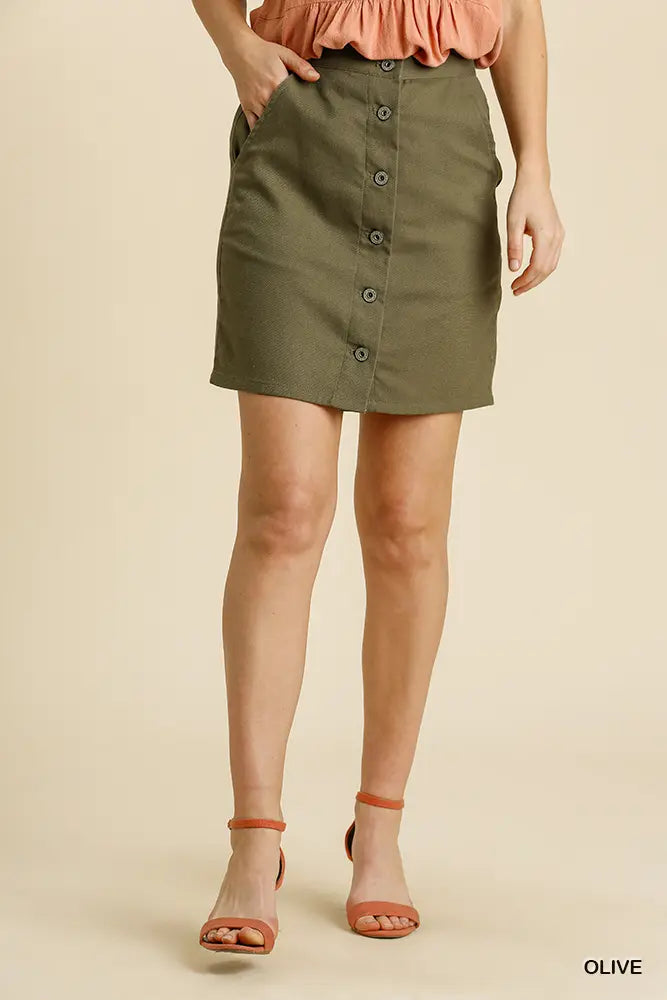 Olive Linen Button Skirt