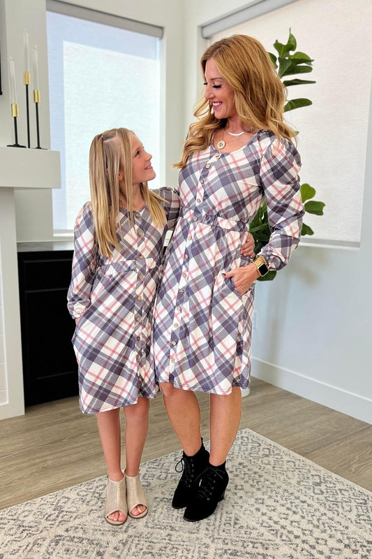 Plaid Faux Button Long Sleeve Dress