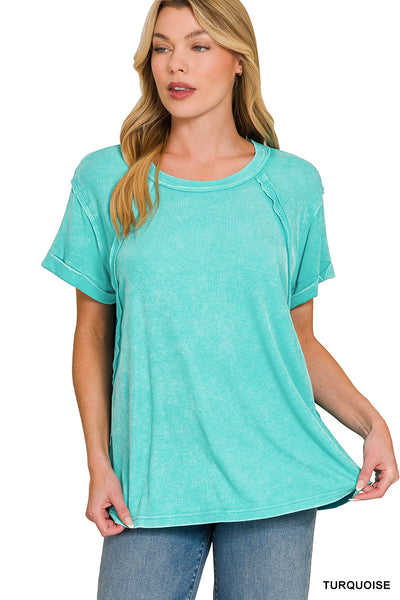 Turquoise Ribbed Short Sleeve Top
