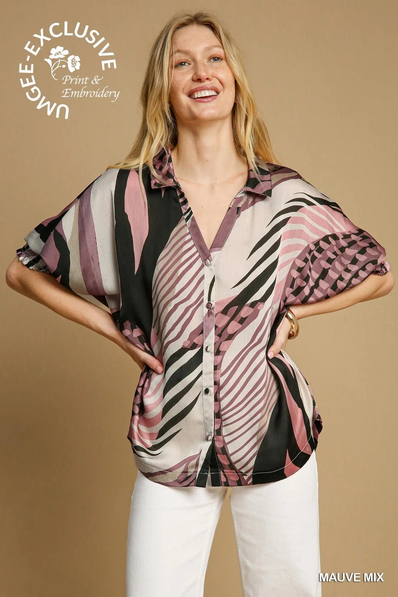Mauve Print Button Blouse Top