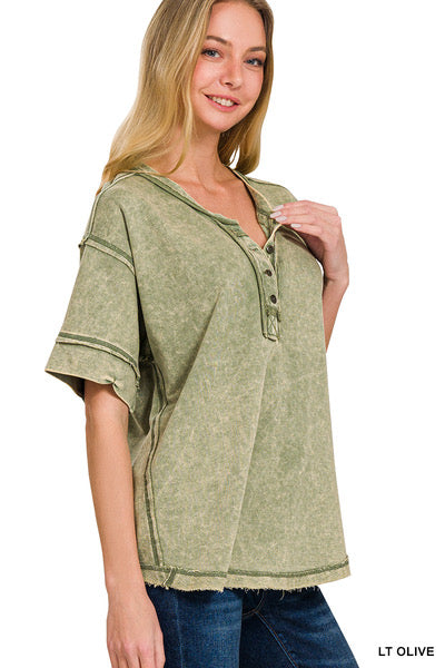 Olive Raw Edge Button Top