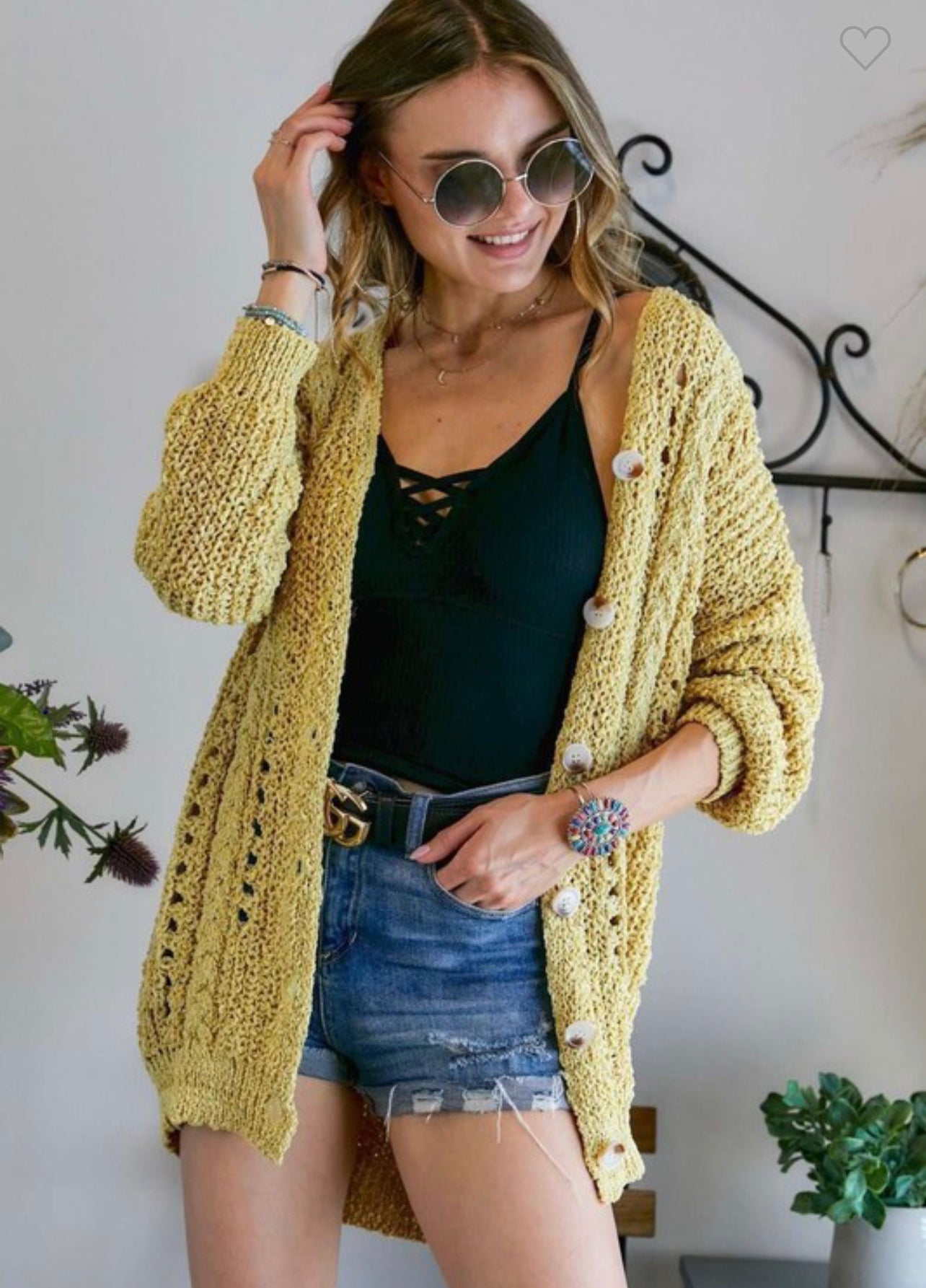 Yellow Cable Knit Buttoned Cardigan