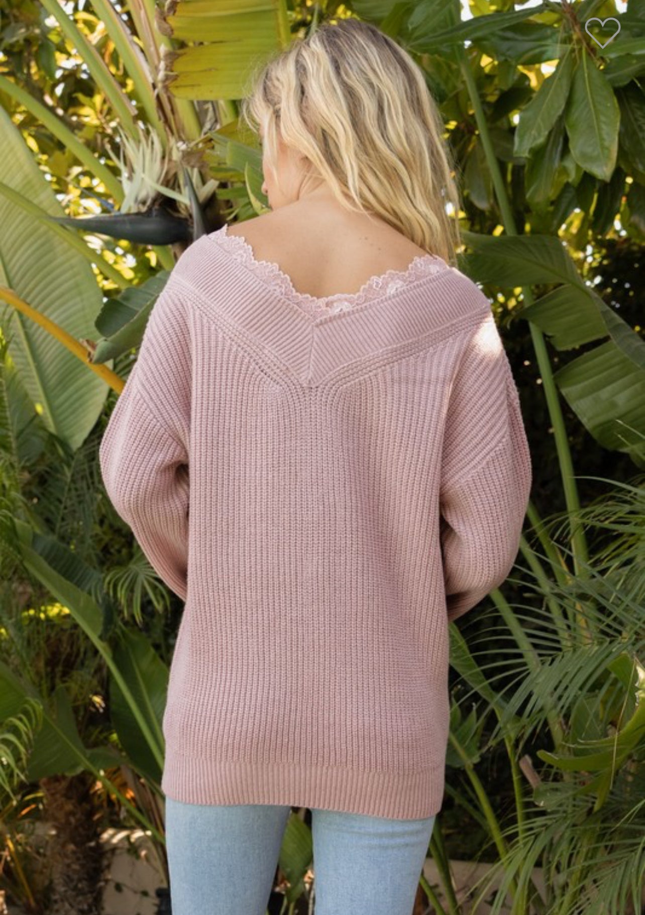 Mauve V Neck Lace Trim Sweater