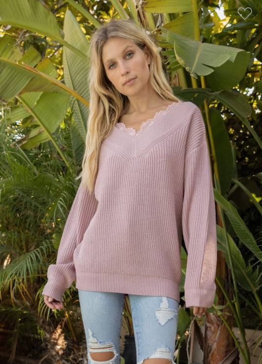 Mauve V Neck Lace Trim Sweater