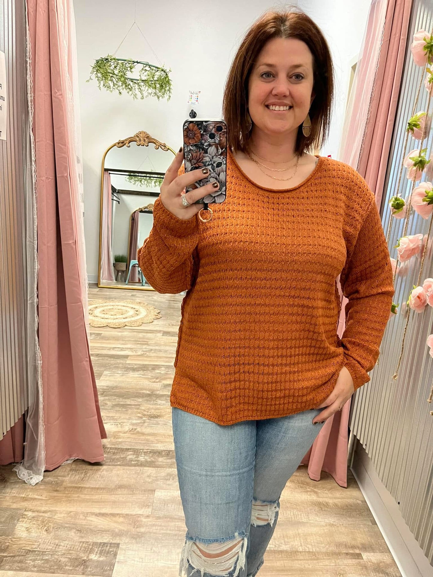 Rust Raw Edge Knit Top