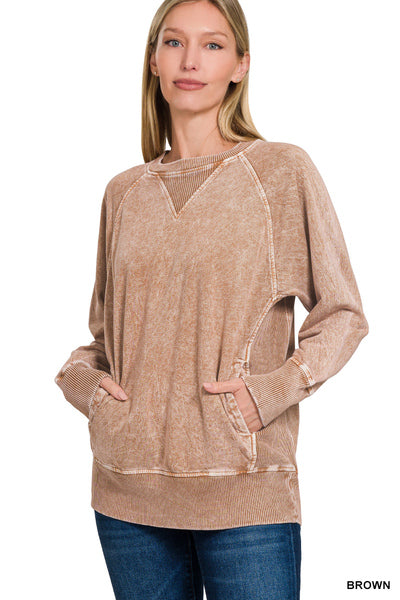 Brown Acid Wash Pocket Pullover