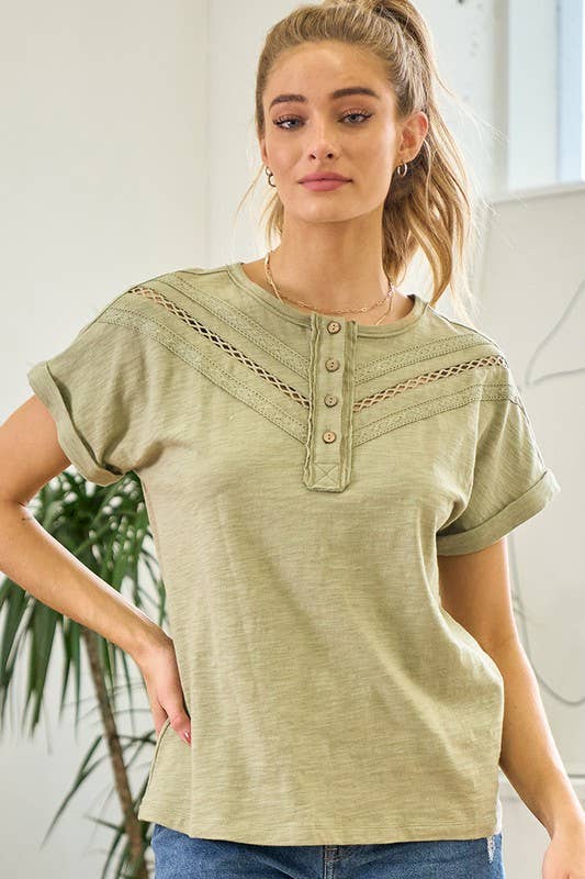 Henley Dolman Short Sleeve Tee With Lace Trim
