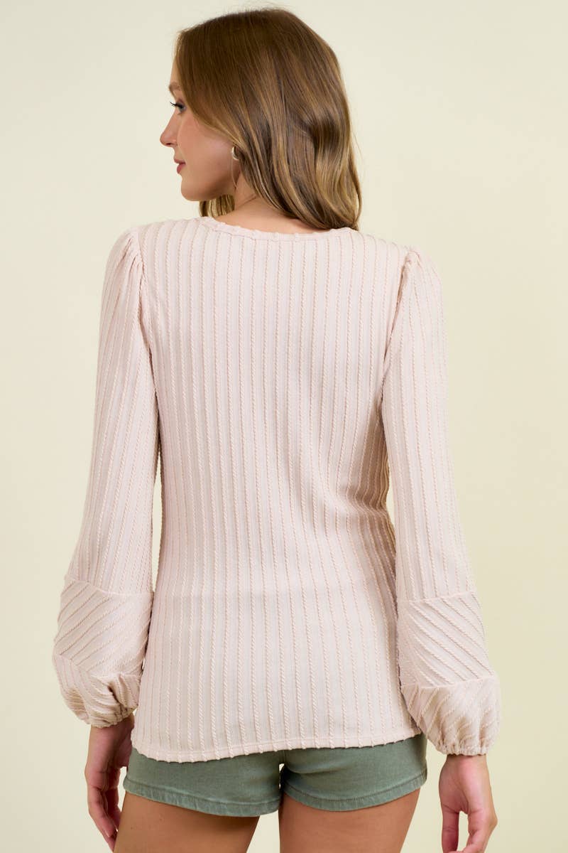 ROUND NECK BUBBLE LONG SLEEVE TEXTURED KNIT TOP
