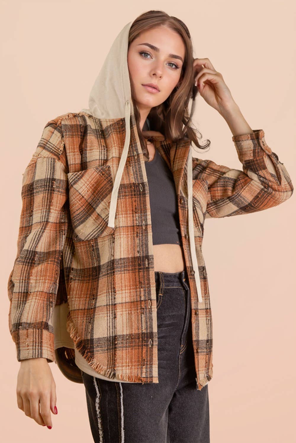 Oversized Flannel Hooded Button Down Jacket