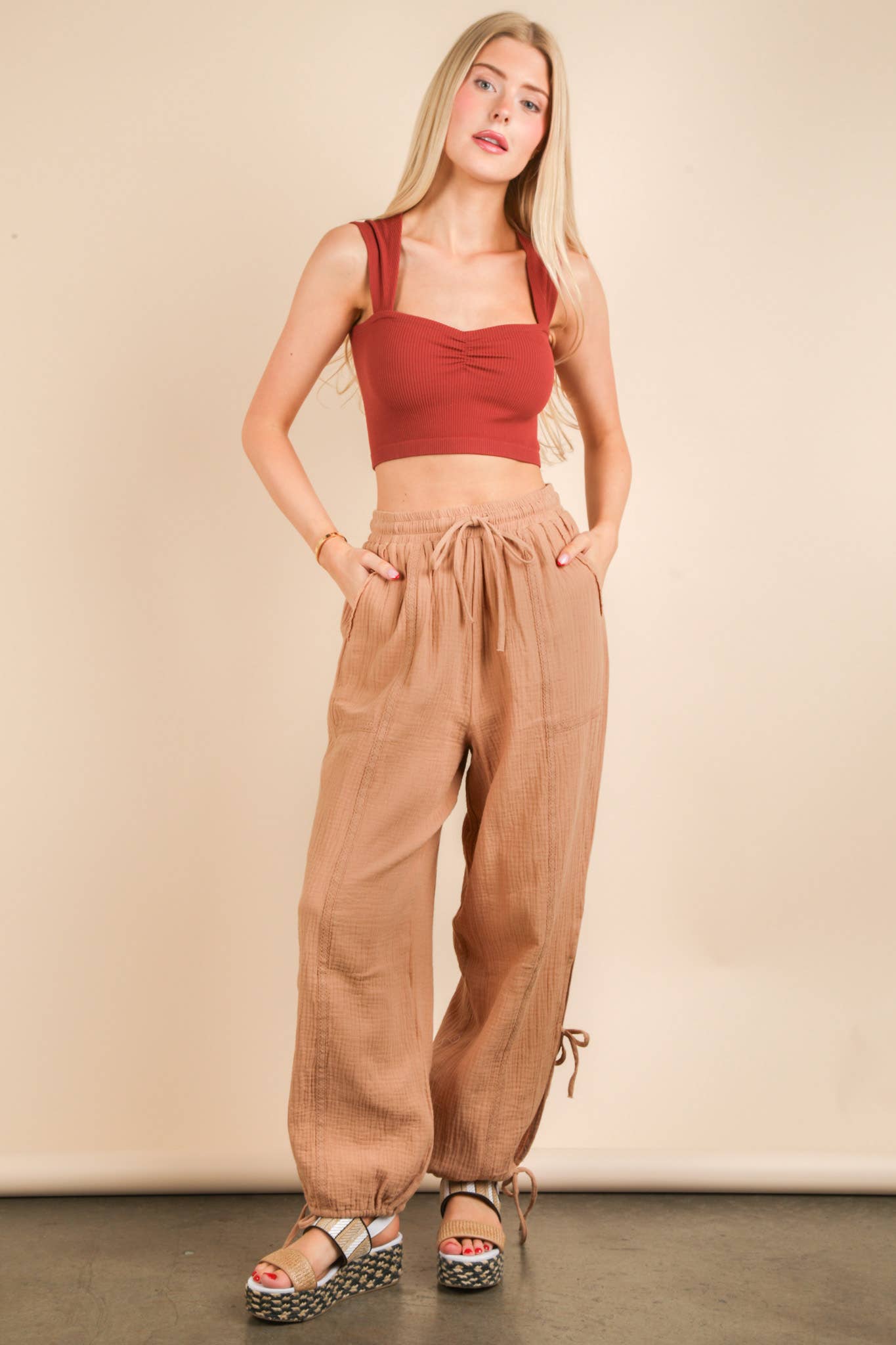 Taupe Side Tunnel Harem Pants with Lace Trim Detail