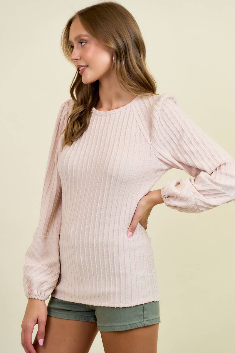 ROUND NECK BUBBLE LONG SLEEVE TEXTURED KNIT TOP