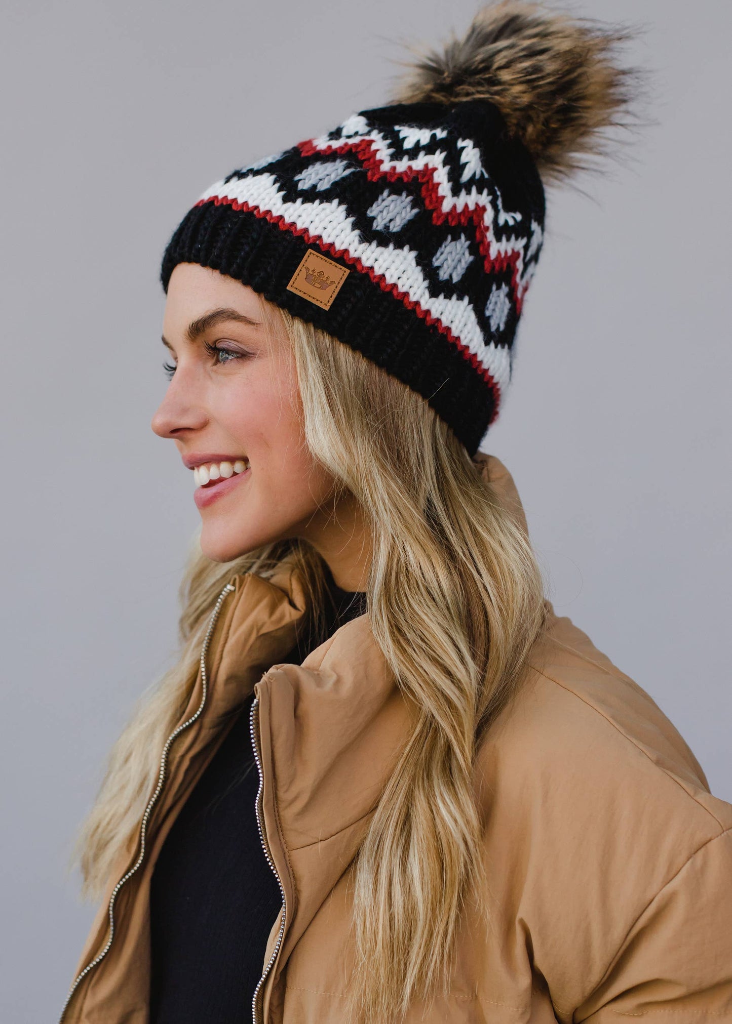 Black, White & Rust Patterned Pom Hat