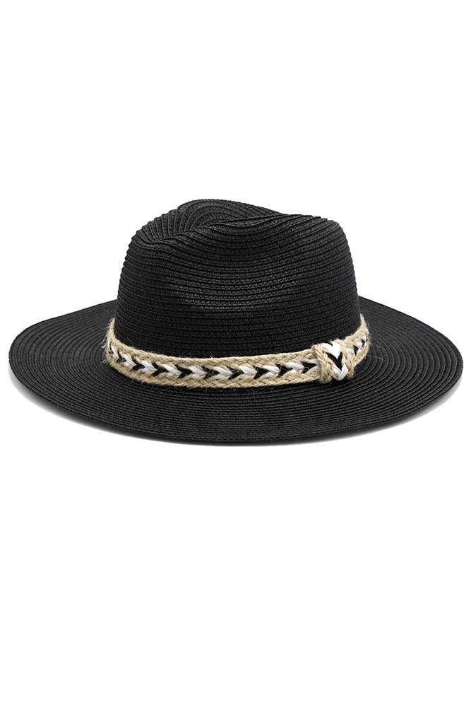 Black and White Braided Jute Band Panama Hat: Black