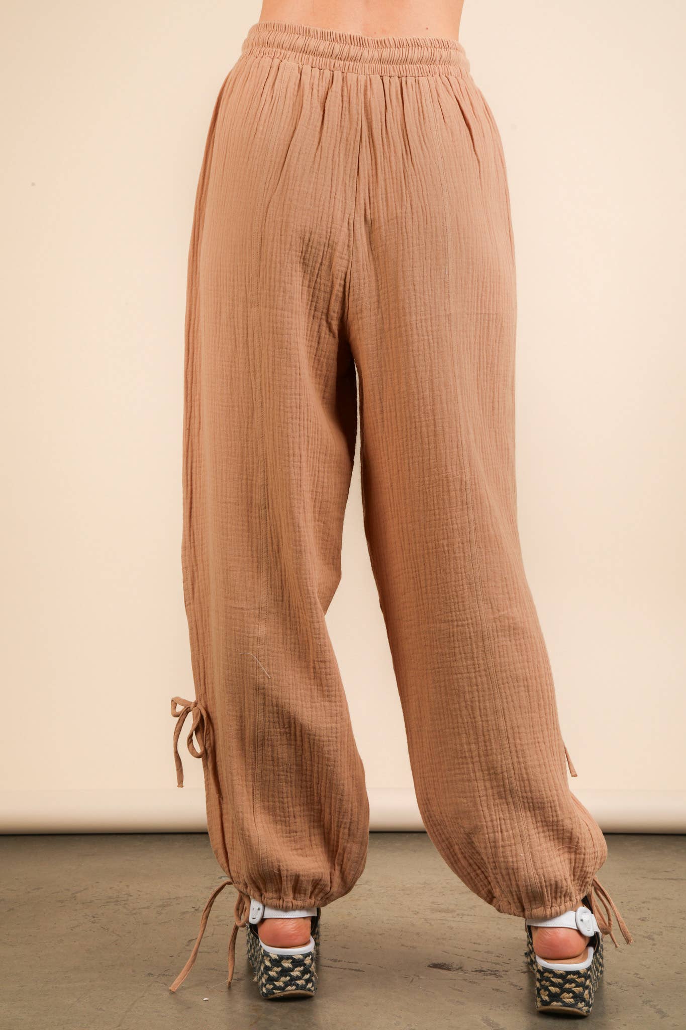 Taupe Side Tunnel Harem Pants with Lace Trim Detail