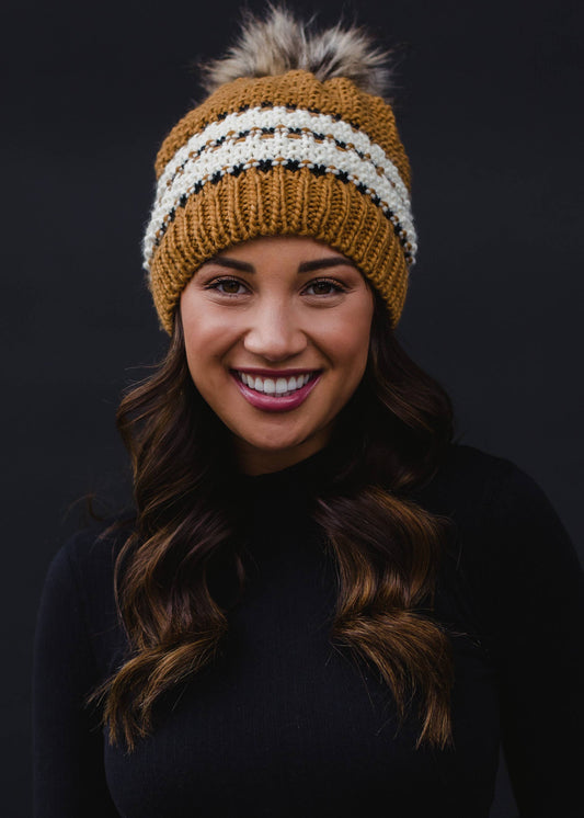 Mustard, Cream & Black Patterned Pom Hat