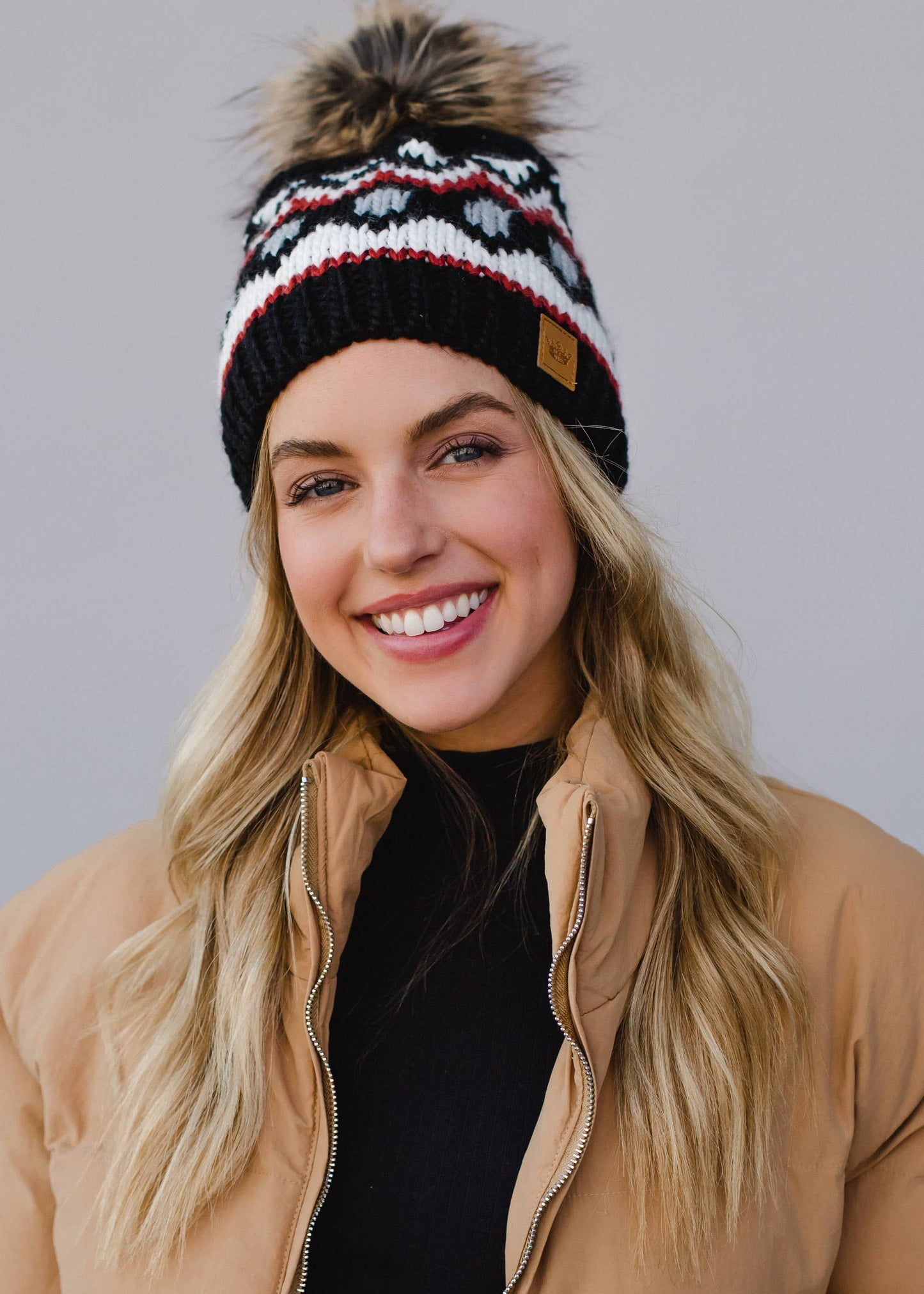 Black, White & Rust Patterned Pom Hat