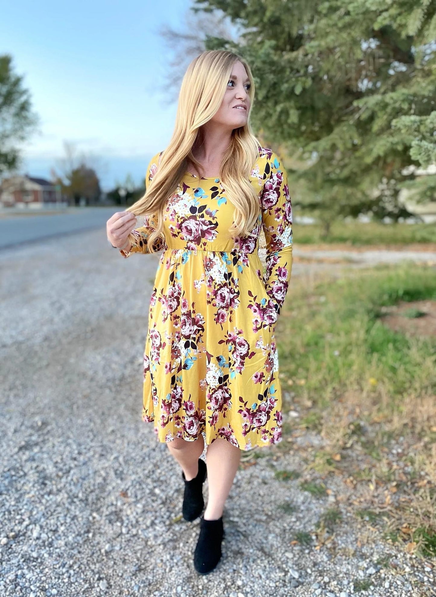 Mustard Floral Long Sleeve Midi Dress