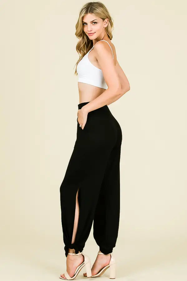 Black Tied Side Split Pants