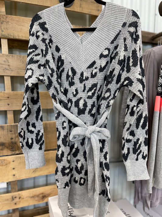 Grey Leopard Sweater Dress